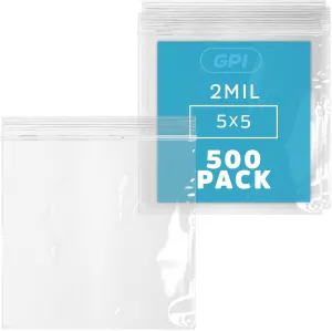 GPI - PACK of 500 5" x 5" CLEAR PLASTIC RECLOSABLE ZIP BAGS - Bulk 2 mil Thick Strong & Durable Poly Baggies with Resealable Zip Top Lock for Travel, Storage, Packaging & Shipping.