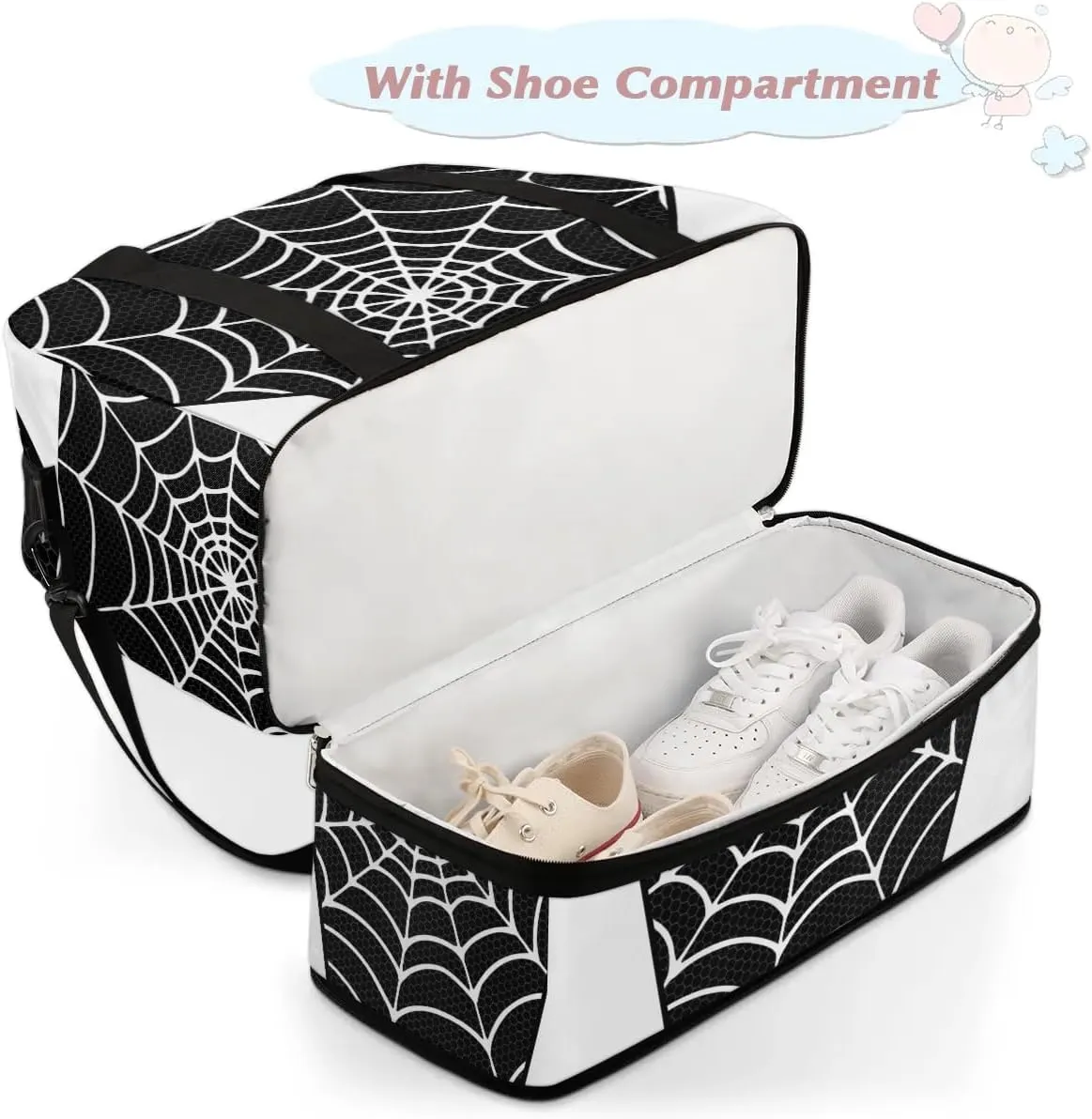 Gym Bag for Men Women, Carry on Travel Duffel Bag with Trolley Sleeve, Black and White Waterproof Weekender Overnight Bags with Shoes and Wet Clothes Compartment for Sleepover Workout Sports
