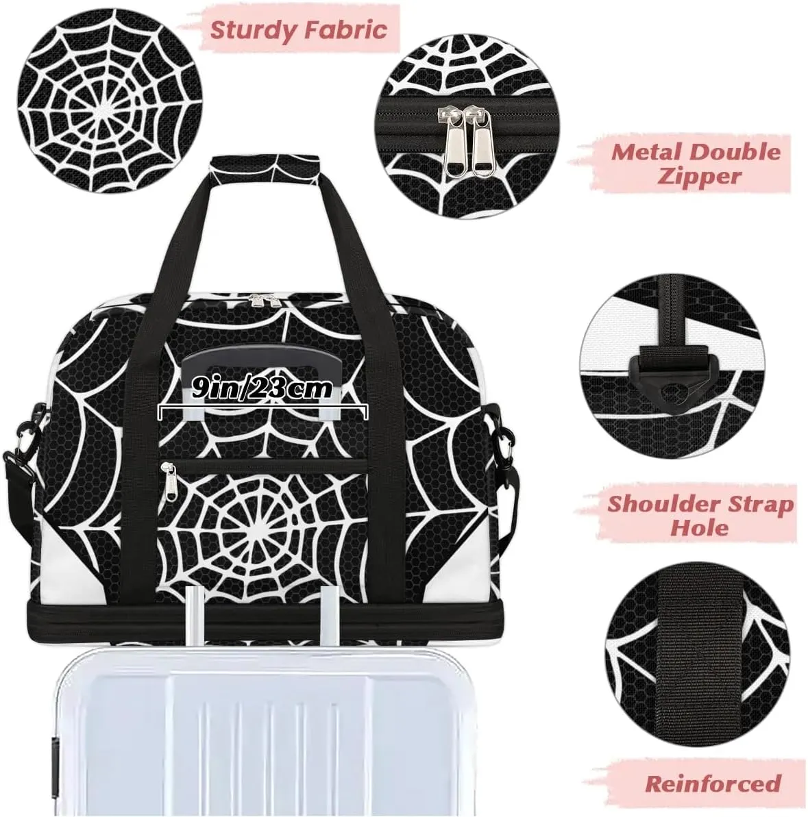 Gym Bag for Men Women, Carry on Travel Duffel Bag with Trolley Sleeve, Black and White Waterproof Weekender Overnight Bags with Shoes and Wet Clothes Compartment for Sleepover Workout Sports