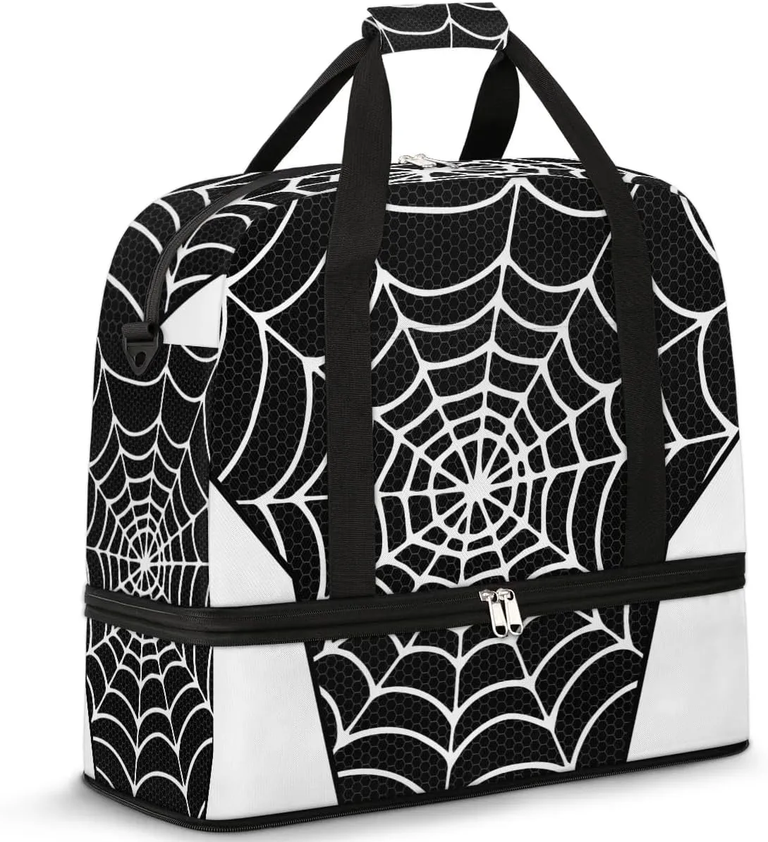 Gym Bag for Men Women, Carry on Travel Duffel Bag with Trolley Sleeve, Black and White Waterproof Weekender Overnight Bags with Shoes and Wet Clothes Compartment for Sleepover Workout Sports