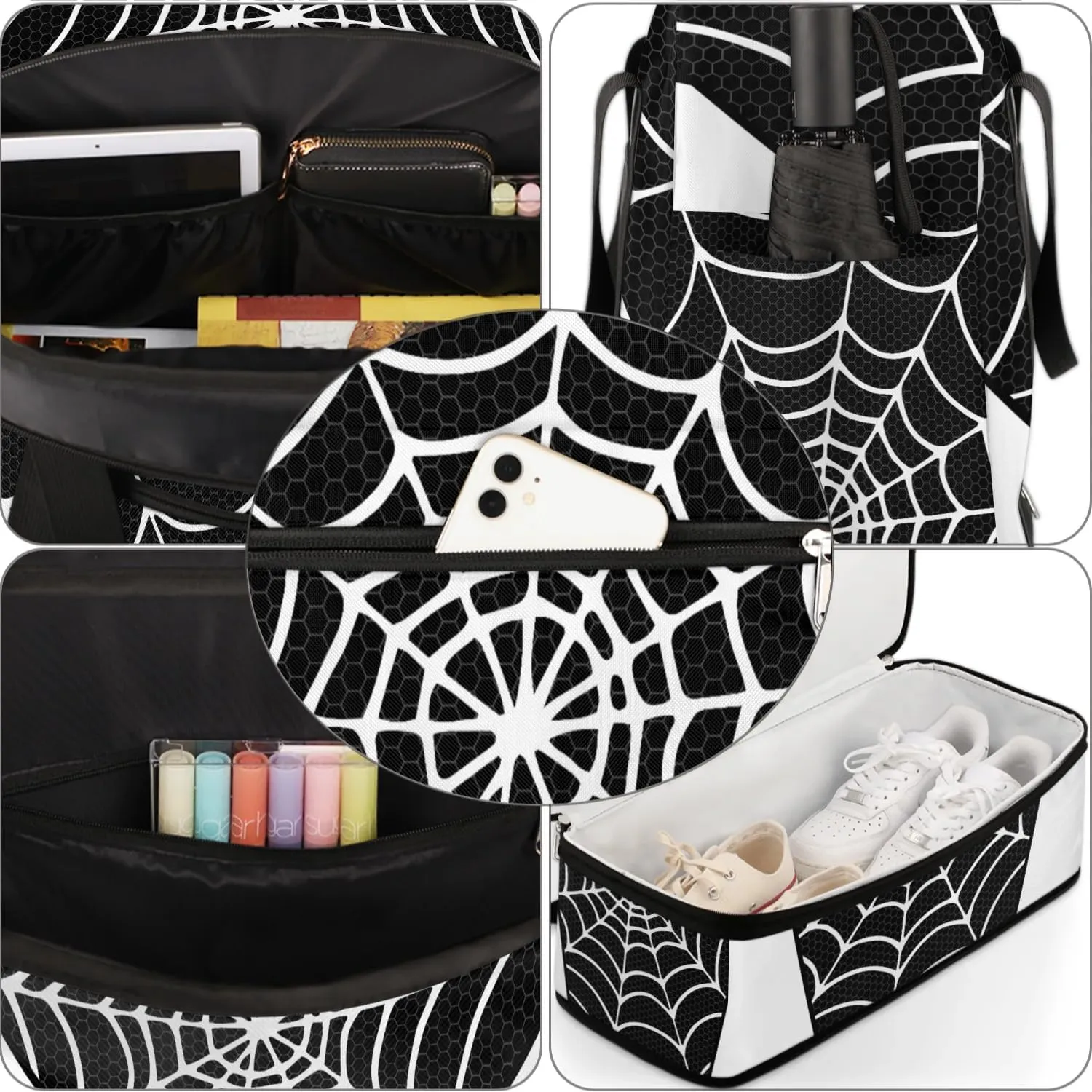 Gym Bag for Men Women, Carry on Travel Duffel Bag with Trolley Sleeve, Black and White Waterproof Weekender Overnight Bags with Shoes and Wet Clothes Compartment for Sleepover Workout Sports