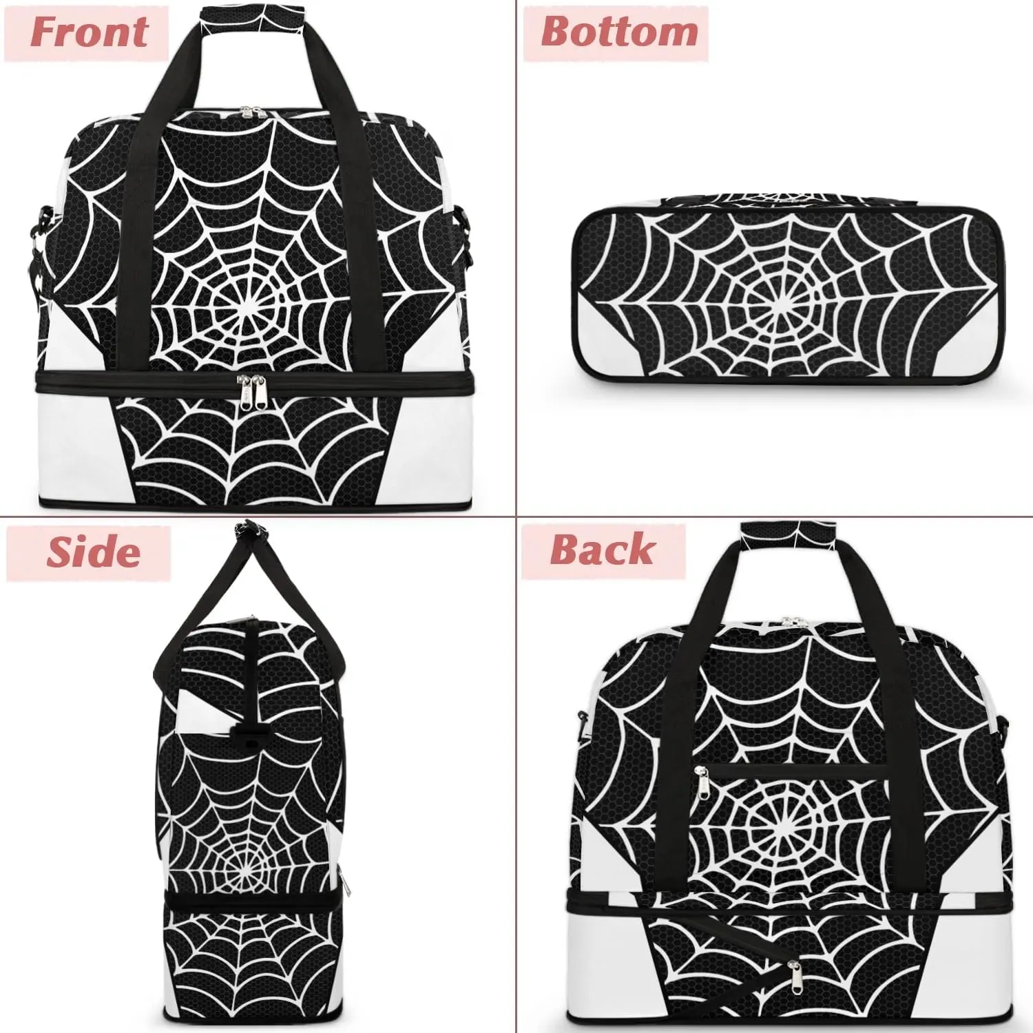 Gym Bag for Men Women, Carry on Travel Duffel Bag with Trolley Sleeve, Black and White Waterproof Weekender Overnight Bags with Shoes and Wet Clothes Compartment for Sleepover Workout Sports
