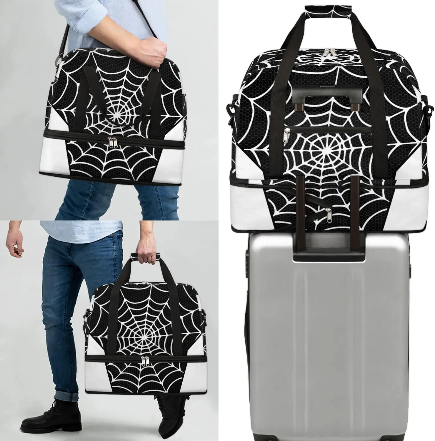 Gym Bag for Men Women, Carry on Travel Duffel Bag with Trolley Sleeve, Black and White Waterproof Weekender Overnight Bags with Shoes and Wet Clothes Compartment for Sleepover Workout Sports