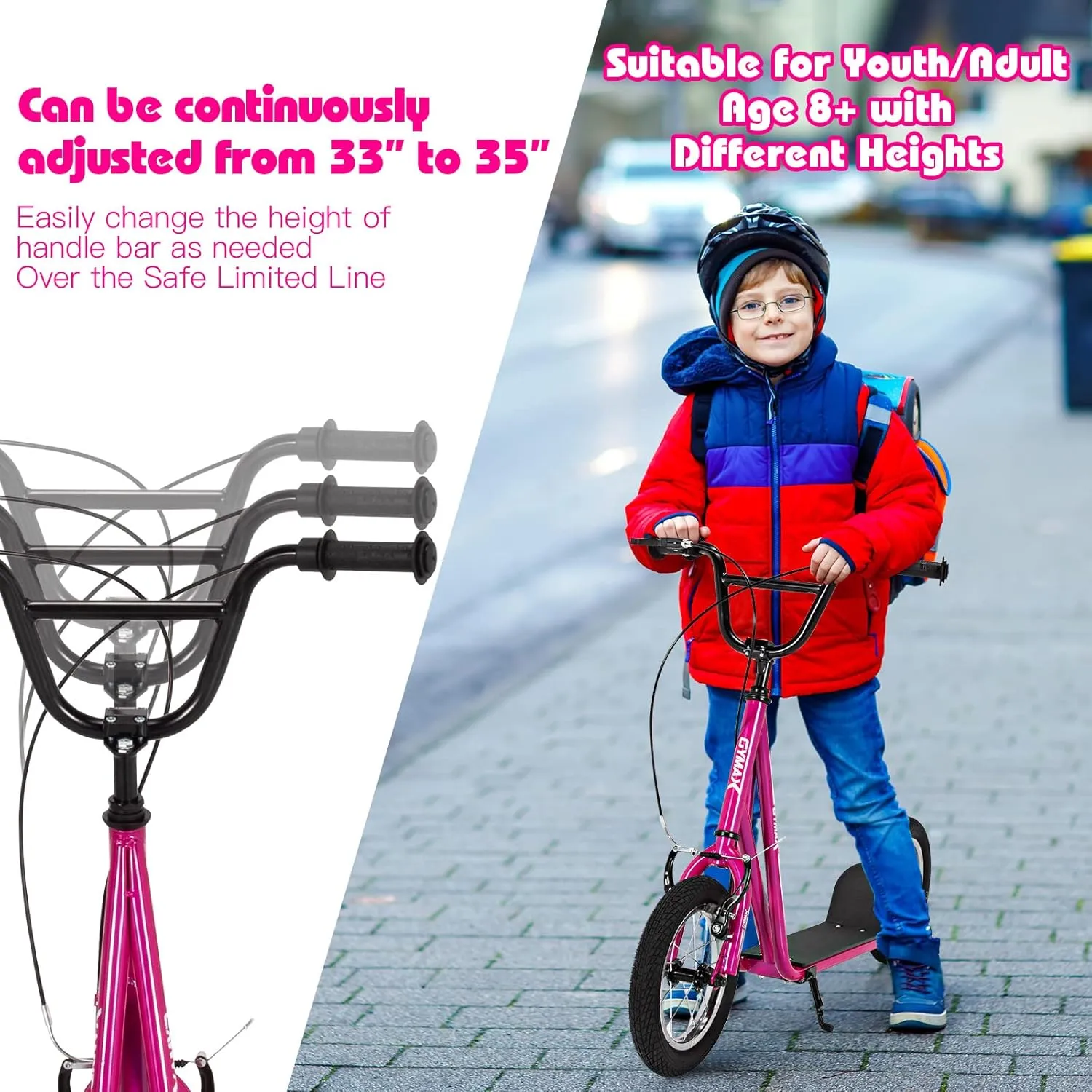 GYMAX Scooter, Kids & Adults Off-Road Scooter with 12" Inflatable Wheels, Adjustable Height Handlebar, V-Type Handbrakes & Axle Pegs for All Terrain, 8 