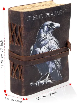 Handcrafted Leather Journal with Crow UV Print Cover, 200 Pages Handmade Deckle Edge Paper, 7 x 5 Inches