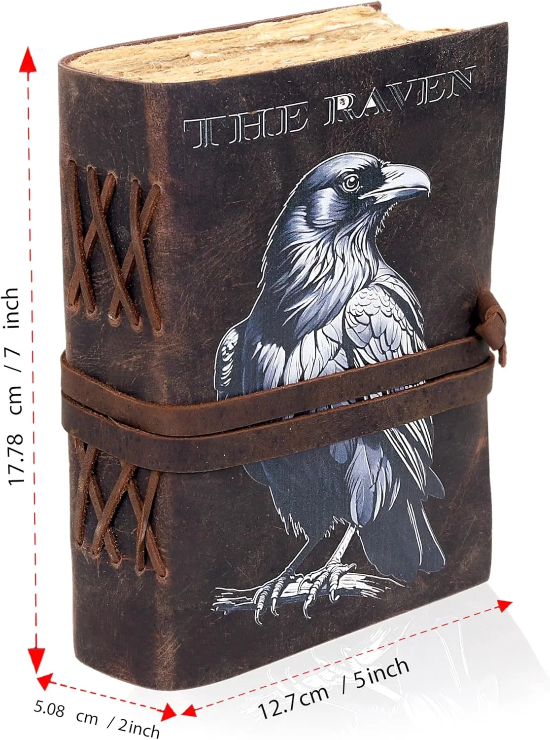 Handcrafted Leather Journal with Crow UV Print Cover, 200 Pages Handmade Deckle Edge Paper, 7 x 5 Inches