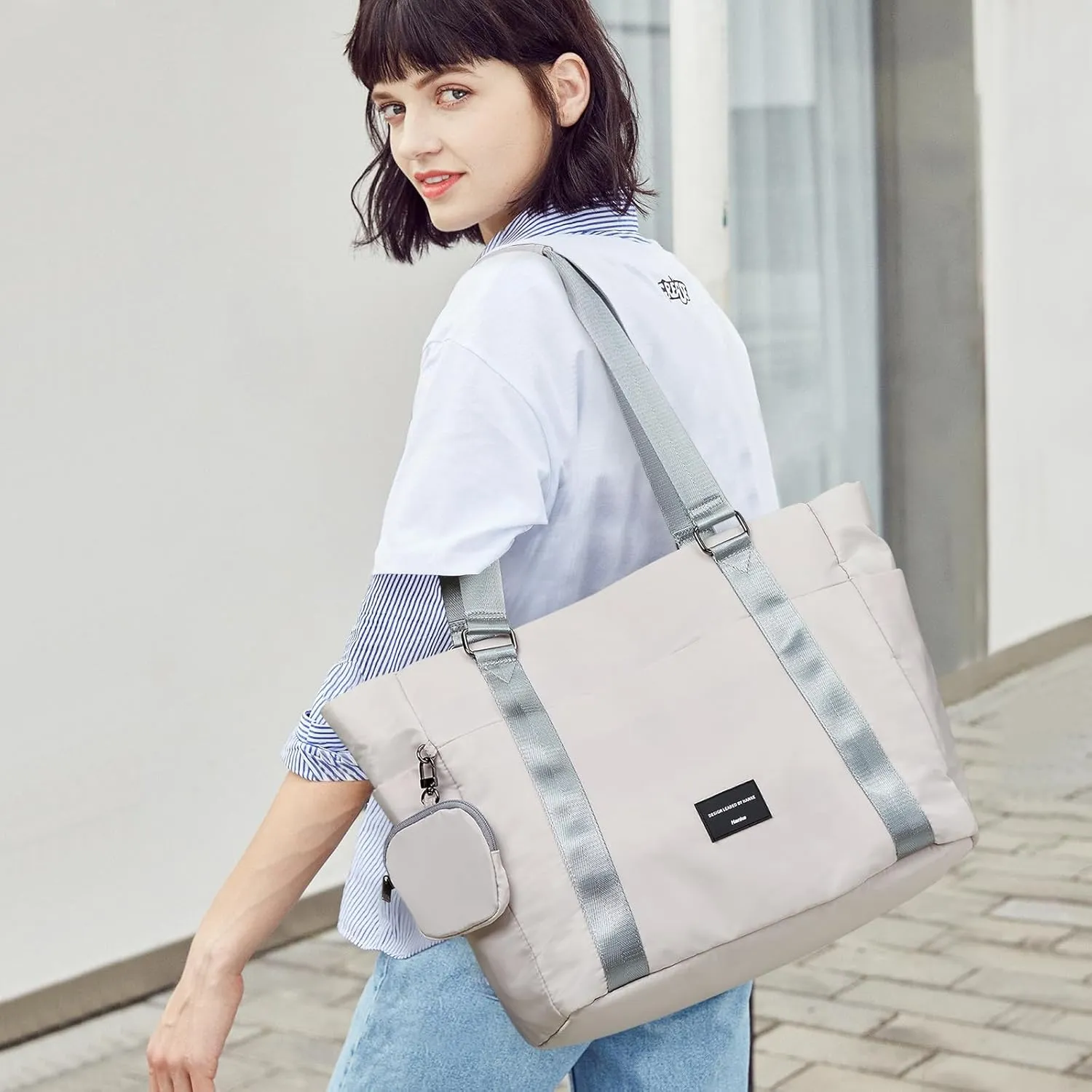 Hanke Laptop Tote Bag with Zipper Lightweight Womens Tote Bags for Work Nylon Bag Shoulder Bag Weekend Bag Travel Bag Sports Gym Bag .（Dune Grey）