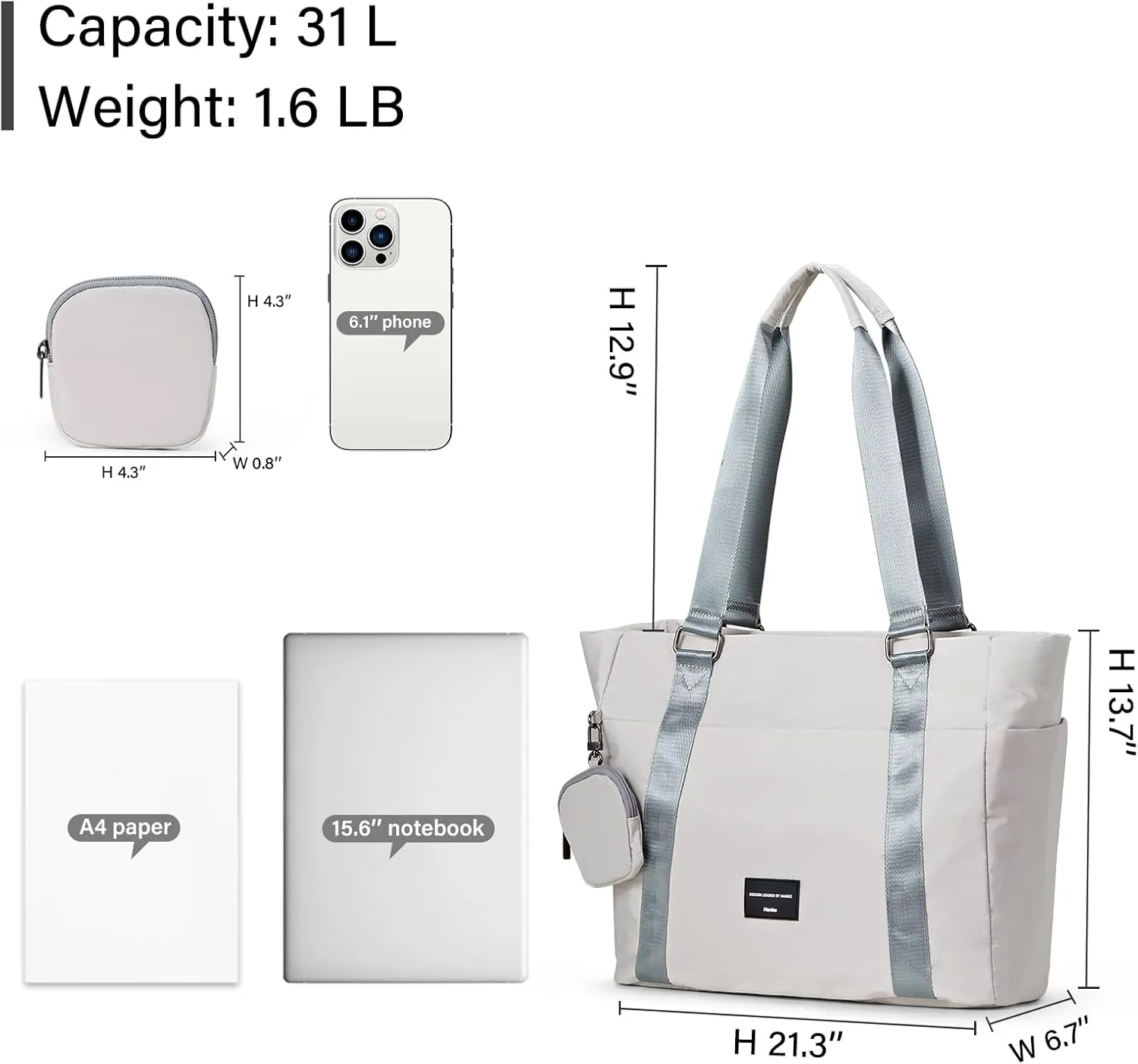Hanke Laptop Tote Bag with Zipper Lightweight Womens Tote Bags for Work Nylon Bag Shoulder Bag Weekend Bag Travel Bag Sports Gym Bag .（Dune Grey）
