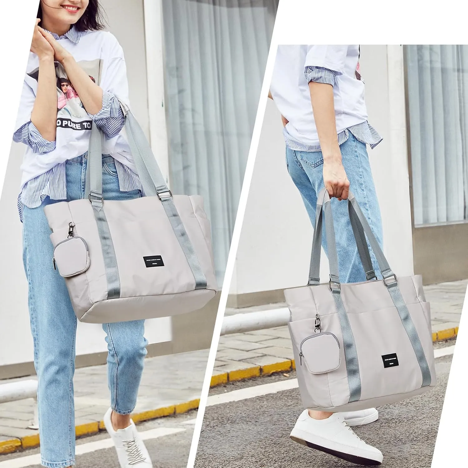 Hanke Laptop Tote Bag with Zipper Lightweight Womens Tote Bags for Work Nylon Bag Shoulder Bag Weekend Bag Travel Bag Sports Gym Bag .（Dune Grey）