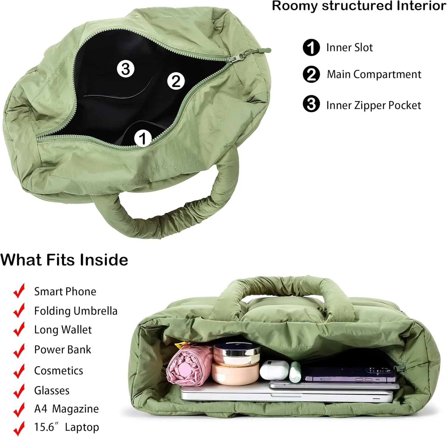 Herald Puffer Tote Bag for Women, Large Quilted Puffy Handbag Lightweight Satchel Purse for Work Travel Gym Shop