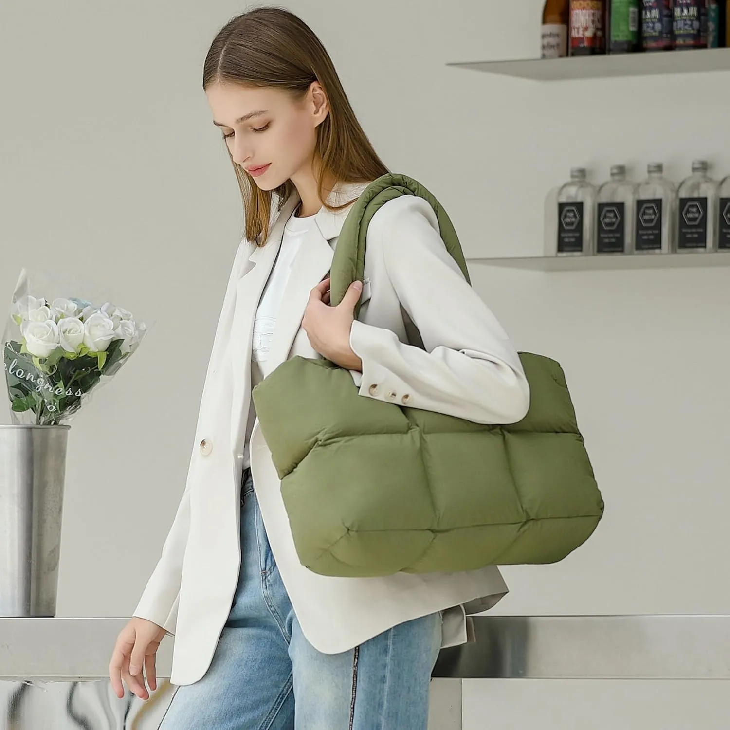 Herald Puffer Tote Bag for Women, Large Quilted Puffy Handbag Lightweight Satchel Purse for Work Travel Gym Shop
