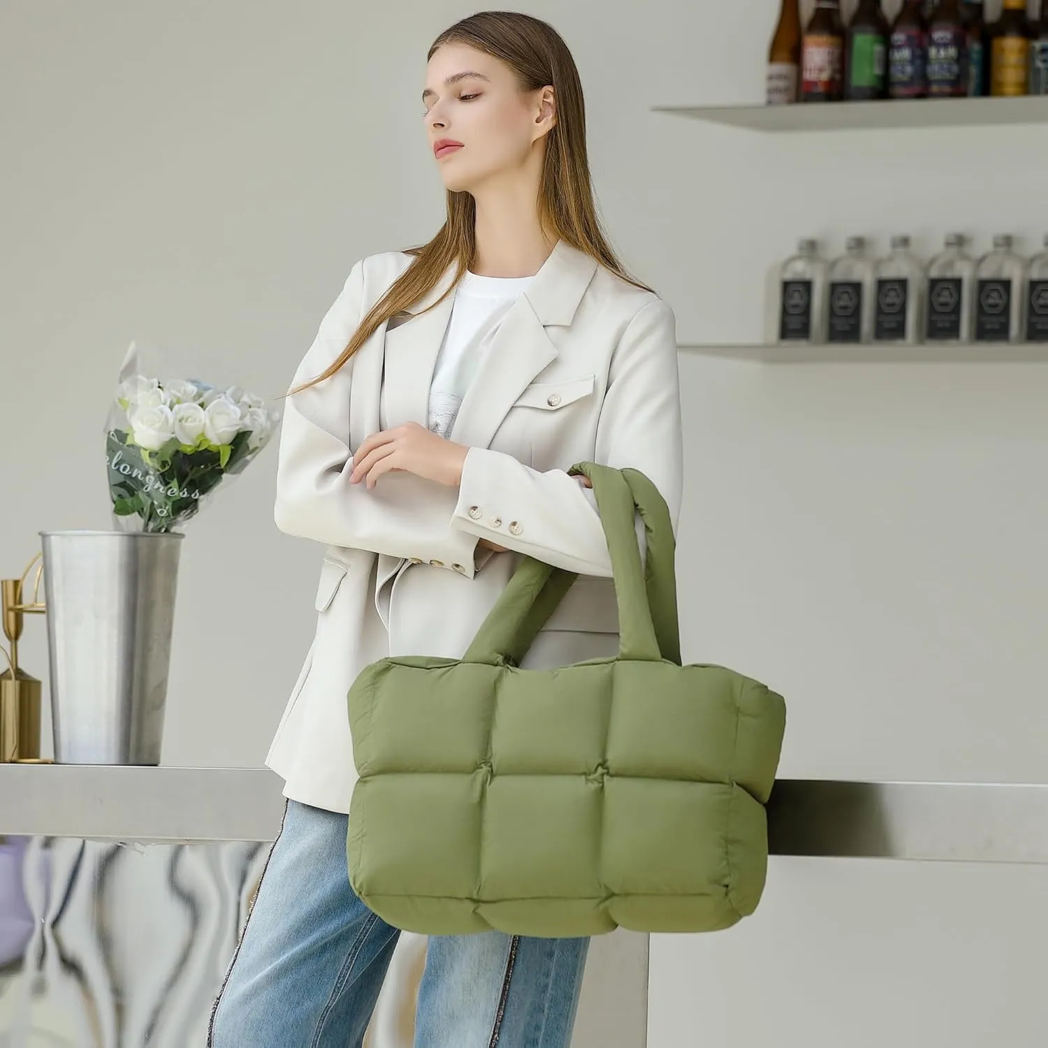 Herald Puffer Tote Bag for Women, Large Quilted Puffy Handbag Lightweight Satchel Purse for Work Travel Gym Shop