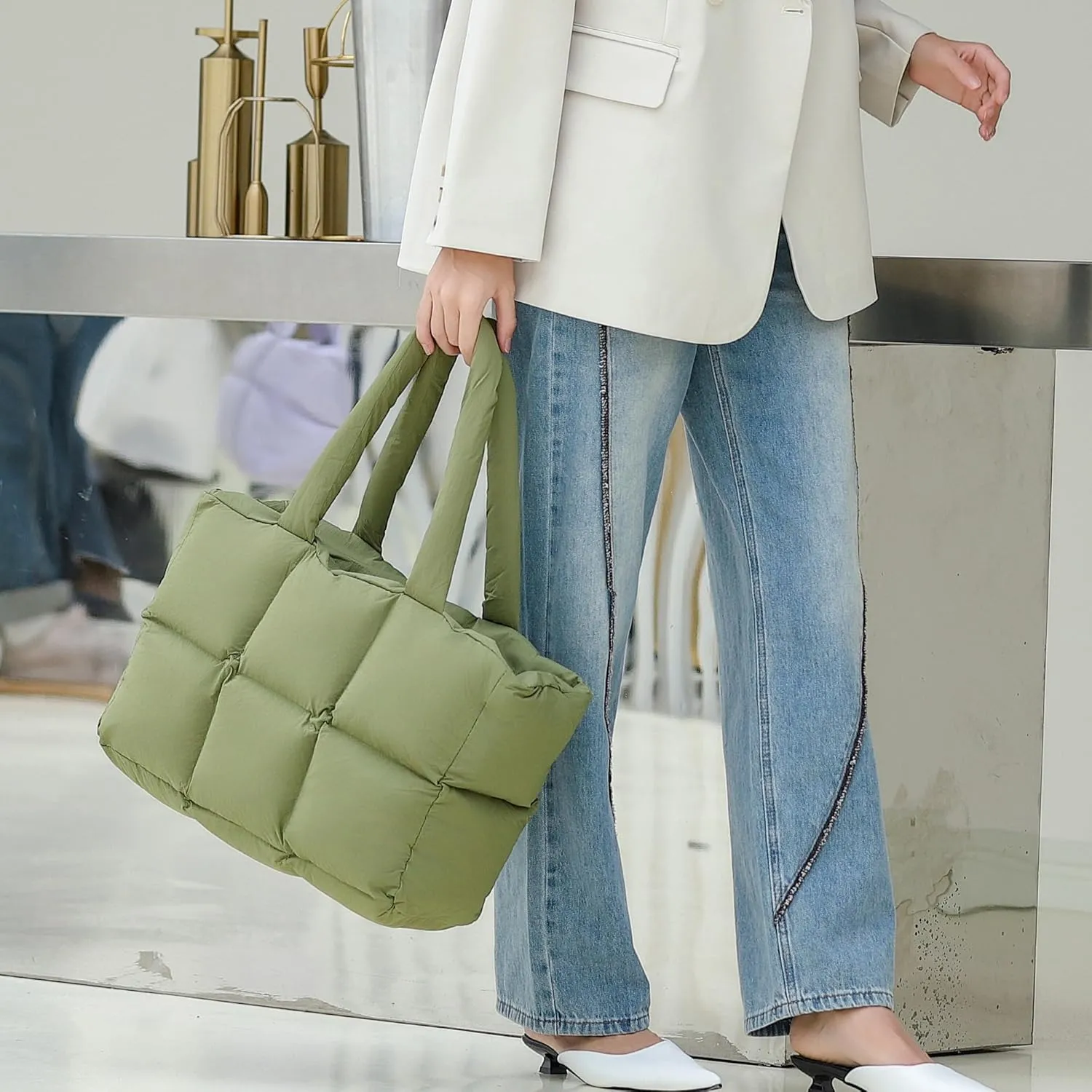 Herald Puffer Tote Bag for Women, Large Quilted Puffy Handbag Lightweight Satchel Purse for Work Travel Gym Shop