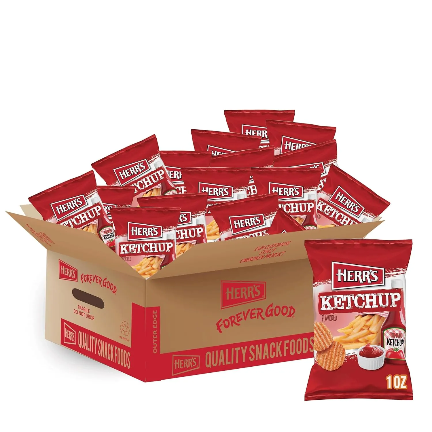 Herr's Ketchup Ripple Potato Chips (Pack of 42, 1 Ounce Bags) – Bold and Tangy Ketchup-Flavored Chips – Fun for Snacking and Sharing
