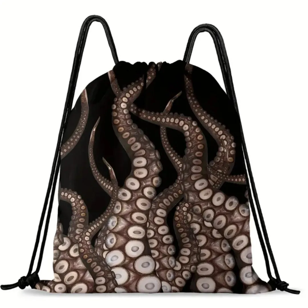 High-Quality Black Drawstring Backpack with Octopus Graphic