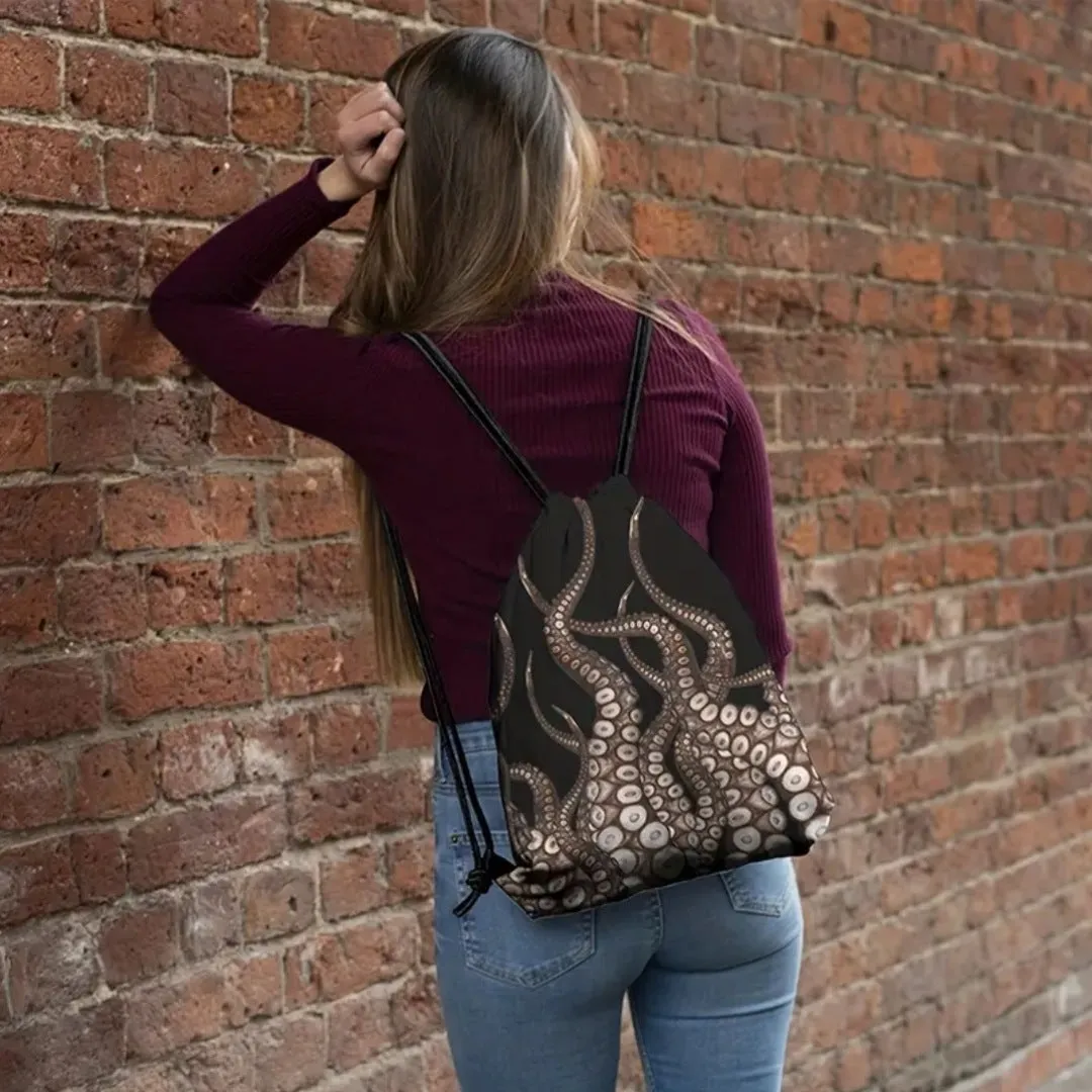 High-Quality Black Drawstring Backpack with Octopus Graphic