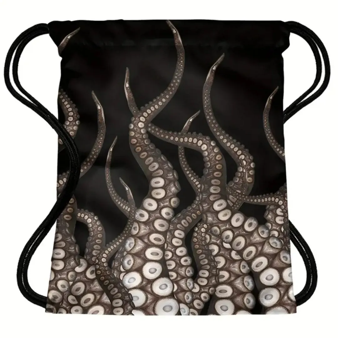 High-Quality Black Drawstring Backpack with Octopus Graphic