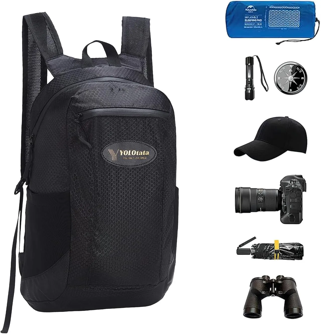 Hiking Daypacks for Women Waterproof Backpacks 15L Lightweight Packable Men Small Outdoor Sports Fan Multipurpose Travel Camping Bags Black