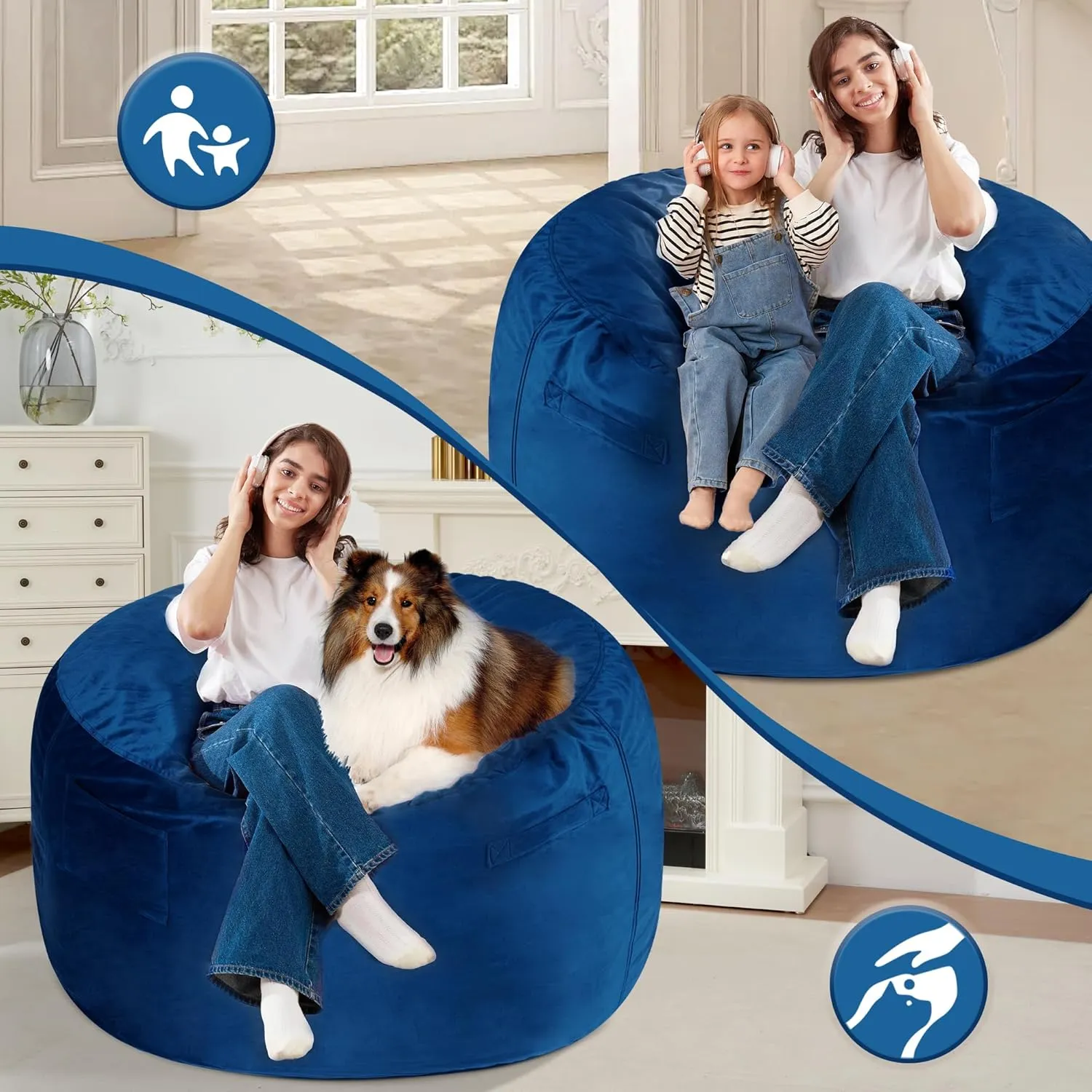 Homguava 3FT Bean Bag Chair: 3' Bean Bags with Memory Foam Filled, Large Beanbag Chairs Soft Sofa with Dutch Velvet Cover-Blue