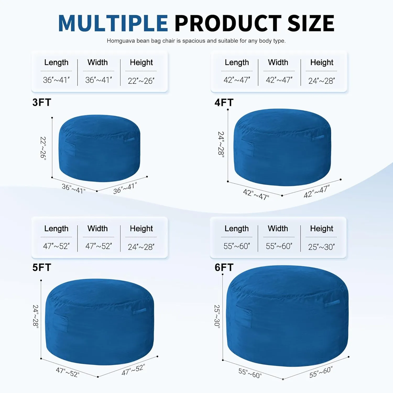 Homguava 3FT Bean Bag Chair: 3' Bean Bags with Memory Foam Filled, Large Beanbag Chairs Soft Sofa with Dutch Velvet Cover-Blue