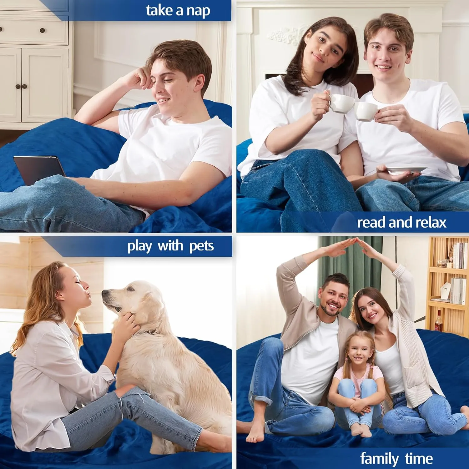 Homguava 3FT Bean Bag Chair: 3' Bean Bags with Memory Foam Filled, Large Beanbag Chairs Soft Sofa with Dutch Velvet Cover-Blue