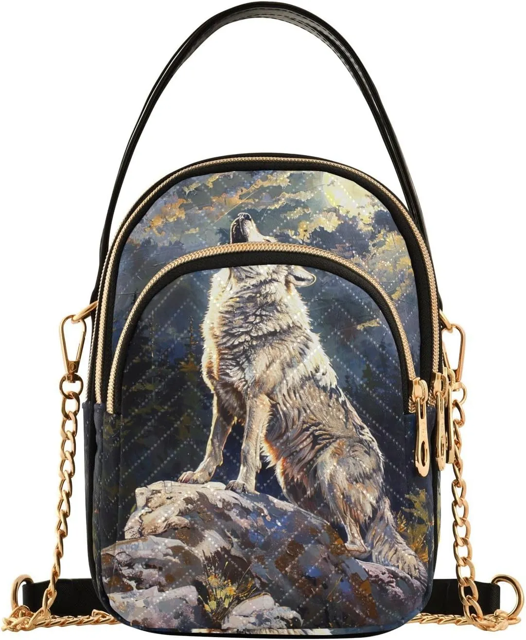 Howling Wolf in Wilderness Shoulder Handbag for Girls Stylish Crossbody Handbags with Detachable Chain Shoulder Strap