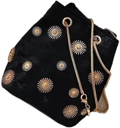 HUFFA Women's Shoulder Bags Bucket Bag Elegant Velvet Handbag Tote Crossbody Bag with Golden Chain Shoulder Strap (Color : Black)