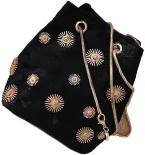 HUFFA Women's Shoulder Bags Bucket Bag Elegant Velvet Handbag Tote Crossbody Bag with Golden Chain Shoulder Strap (Color : Black)