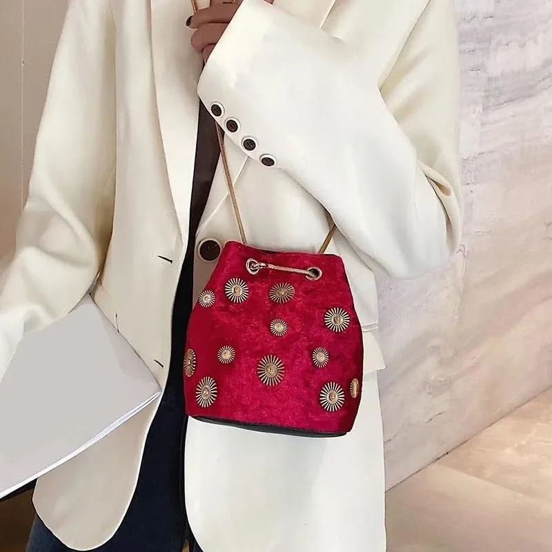 HUFFA Women's Shoulder Bags Bucket Bag Elegant Velvet Handbag Tote Crossbody Bag with Golden Chain Shoulder Strap (Color : Black)