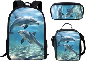 HUGS IDEA Blue Dolphin Print Kid Backpack Set 3 in 1 with Lunch Box Pencil Case for Girls Boys School Bags Travel Lightweight 17 inch Bookbag for Student Children