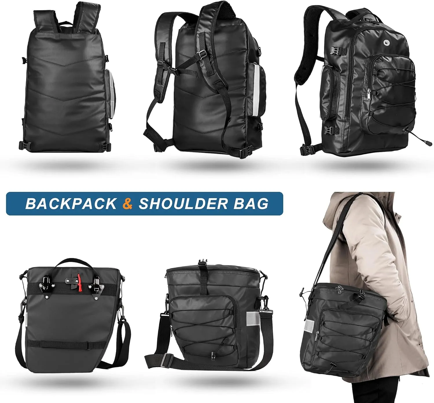HUNTVP 3 in 1 Bike Pannier Bag - Rack Saddle Backpack Rear Seat Shoulder Laptop Cargo Rack Bicycle Bag with Rain Cover