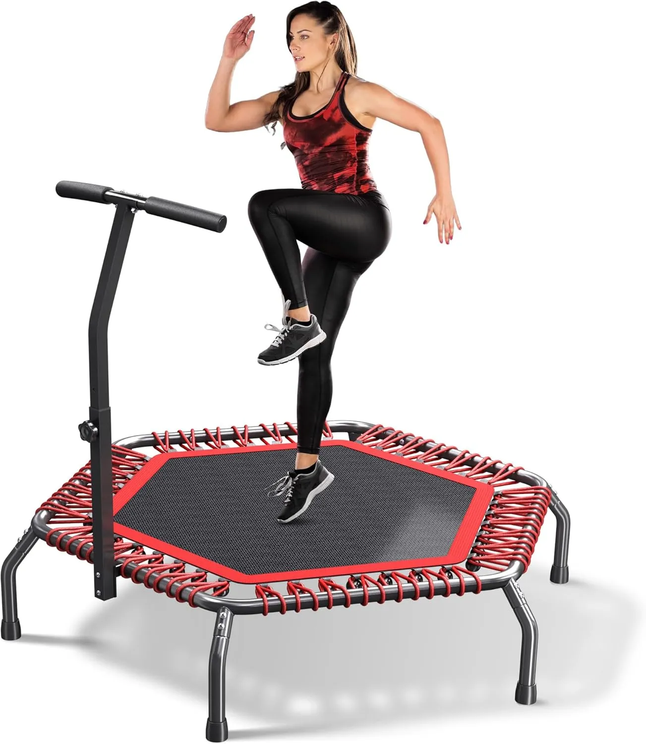 HYD-Parts 48" Hexagonal Trampoline, Rebounder Trampoline for Adults with T-Adjustable Handle Bar, Bungees, Stable & Quiet Fitness Exercise Trampoline Indoor/Outdoor Workout, 550 LBS