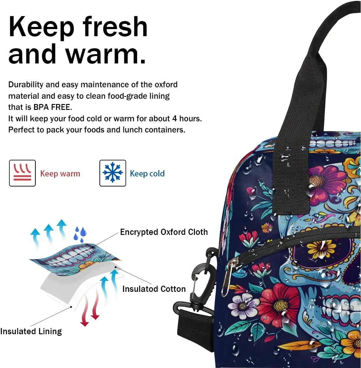 Insulated Lunch Bag for Women Men Adults Reusable Waterproof Leakproof Lunch Box Flower Skeleton Abstraction Cool Large Cooler Lunch Tote Handbags Meal Prep Bag for Work Travel Picnic Lunch Pail
