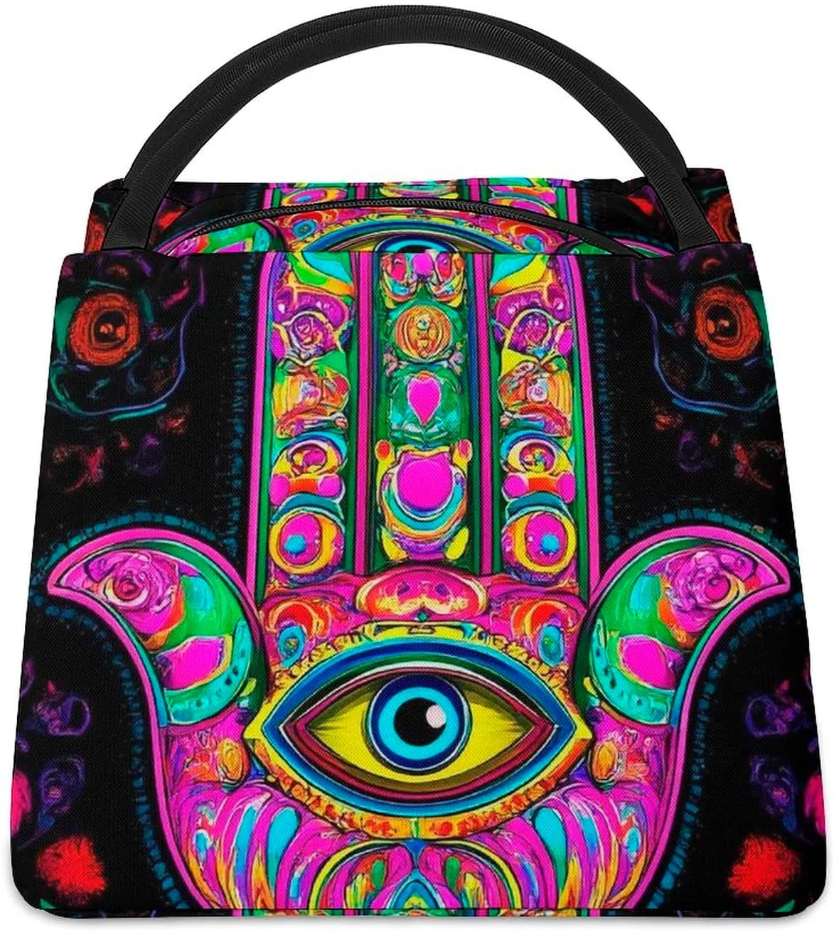 Insulated Lunch Tote Bag for Women, Cute Large Capacity Lunch Box Waterproof Thermal Cooler Bags Colorful Eye Hand Lotus Ethnic Indian Art Handbags