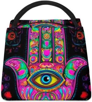 Insulated Lunch Tote Bag for Women, Cute Large Capacity Lunch Box Waterproof Thermal Cooler Bags Colorful Eye Hand Lotus Ethnic Indian Art Handbags