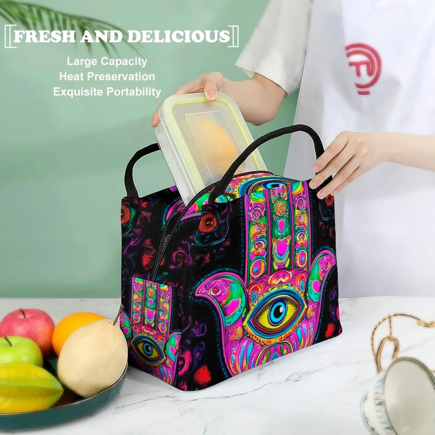 Insulated Lunch Tote Bag for Women, Cute Large Capacity Lunch Box Waterproof Thermal Cooler Bags Colorful Eye Hand Lotus Ethnic Indian Art Handbags