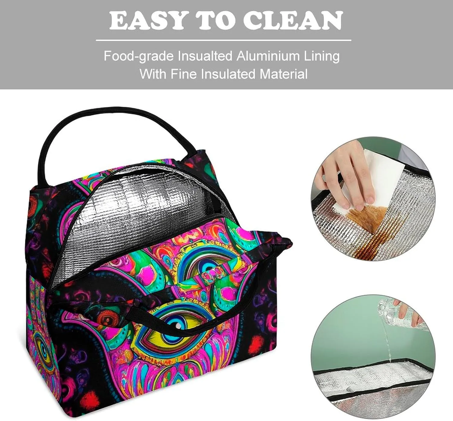 Insulated Lunch Tote Bag for Women, Cute Large Capacity Lunch Box Waterproof Thermal Cooler Bags Colorful Eye Hand Lotus Ethnic Indian Art Handbags