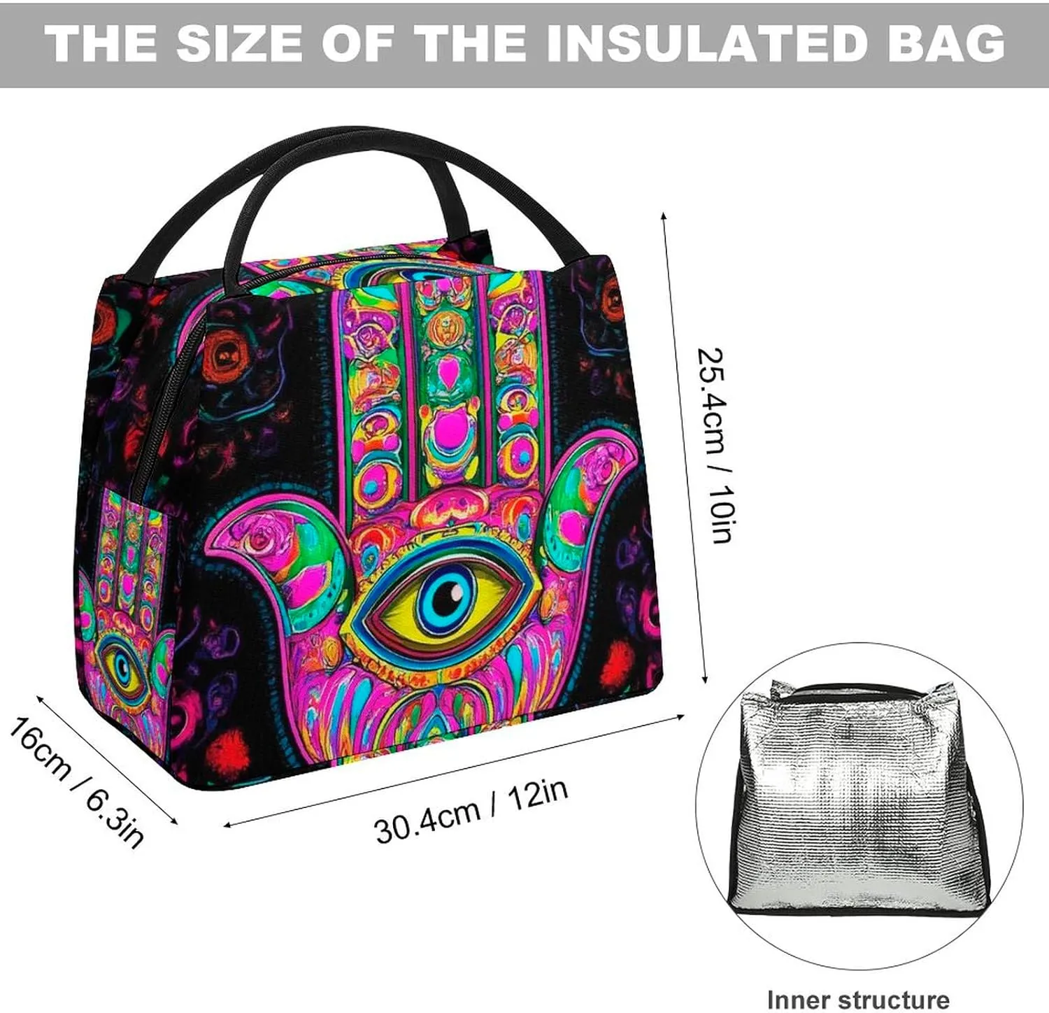 Insulated Lunch Tote Bag for Women, Cute Large Capacity Lunch Box Waterproof Thermal Cooler Bags Colorful Eye Hand Lotus Ethnic Indian Art Handbags