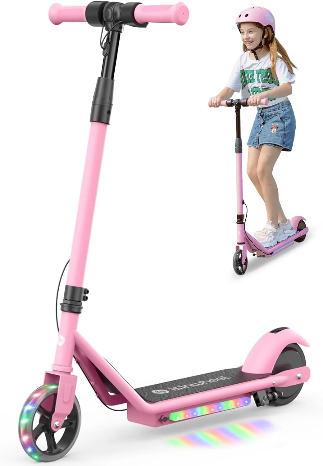 isinwheel S2 Electric Scooter for Kids Ages 6-12,150W Kids Electric Scooter with Adjustable Speed and Height, Colorful Lights, Double Brake