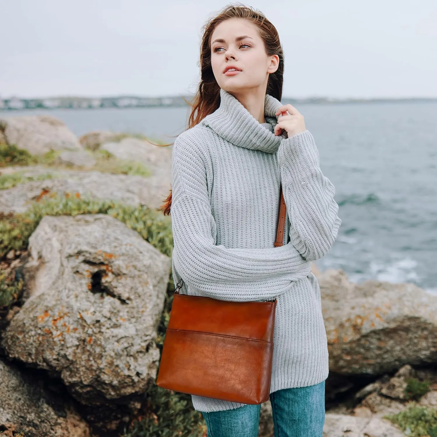 Iswee Leather Crossbody Bags for Women Vintage Shoulder Purse with Pockets Zipper Cross Body Bags for Traveling