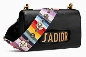J'adior Flap Bag in Black Leather with Multi-Coloured Strap