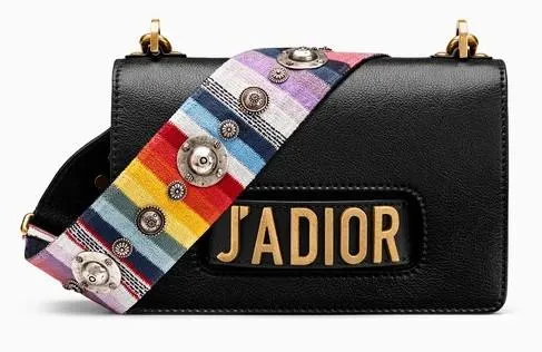J'adior Flap Bag in Black Leather with Multi-Coloured Strap