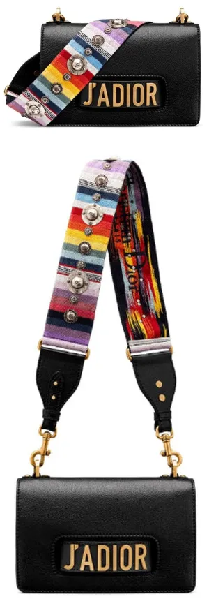 J'adior Flap Bag in Black Leather with Multi-Coloured Strap