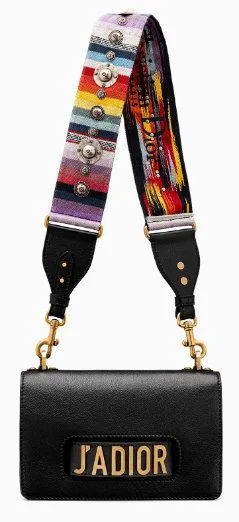 J'adior Flap Bag in Black Leather with Multi-Coloured Strap