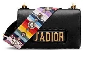 J'adior Flap Bag in Black Leather with Multi-Coloured Strap