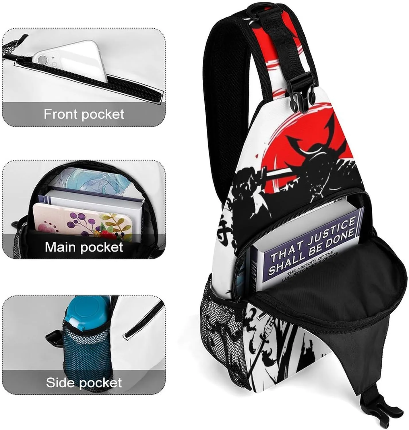 Japanese Samurai Graphic Sling Backpack Mans Woman Crossbody Backpack Chest Bag Running Daypack Shoulder Bag Casual Daypacks Leisure Backpacks
