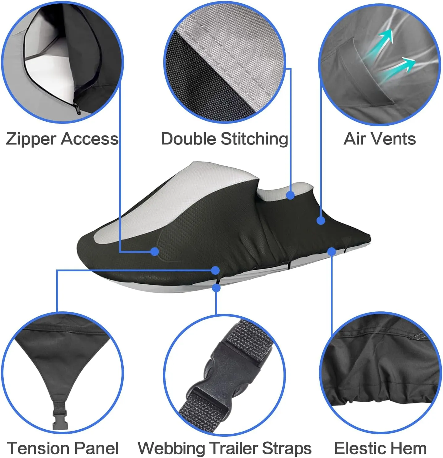 Jet Ski Cover VINPATIO 600D Trailerable Jetski Cover, Heavy Duty 100% Waterproof and UV Protection PWC Cover, Compatible with Seadoo Yamaha Kawasaki Honda Polaris Jet Ski 102"-115" L