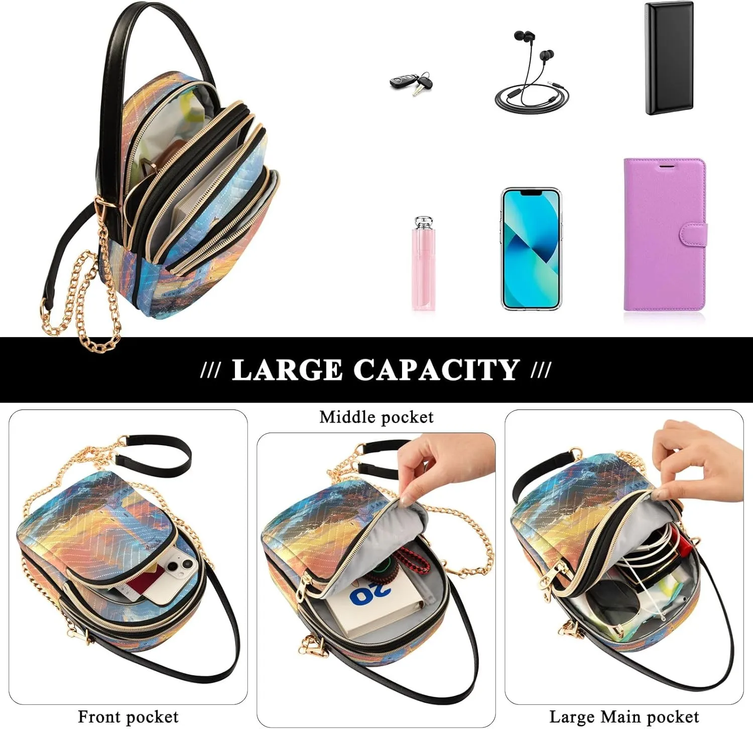 Joisal Cute Unicorn in Space Galaxy Small Crossbody Bags for Women Triple Zip Women Handbag, Cell Phone Purse Crossbody