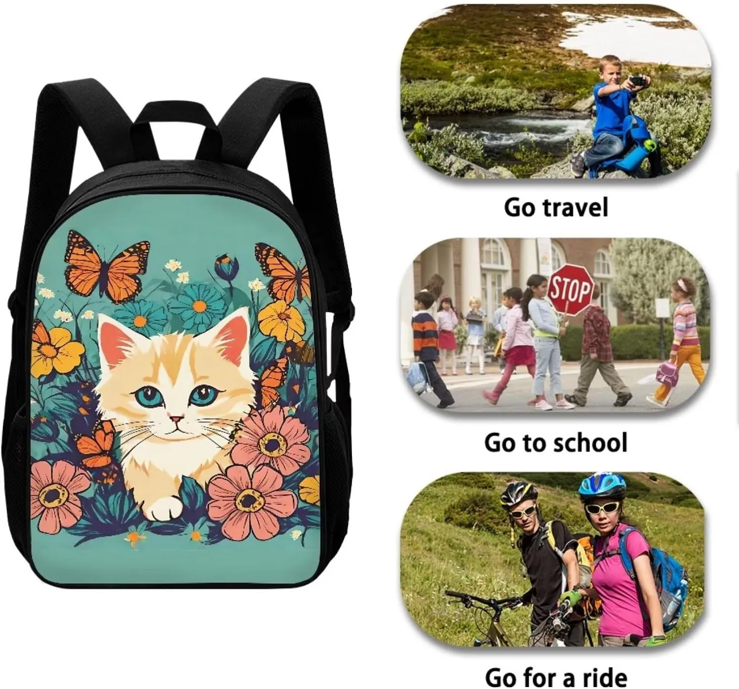 JoyLamoria Casual Satchel Bag Lightweight Portable Shoulder Bag Zipper Pouch Backpack Handbag Tote Bag, Cat Floral Blossoms
