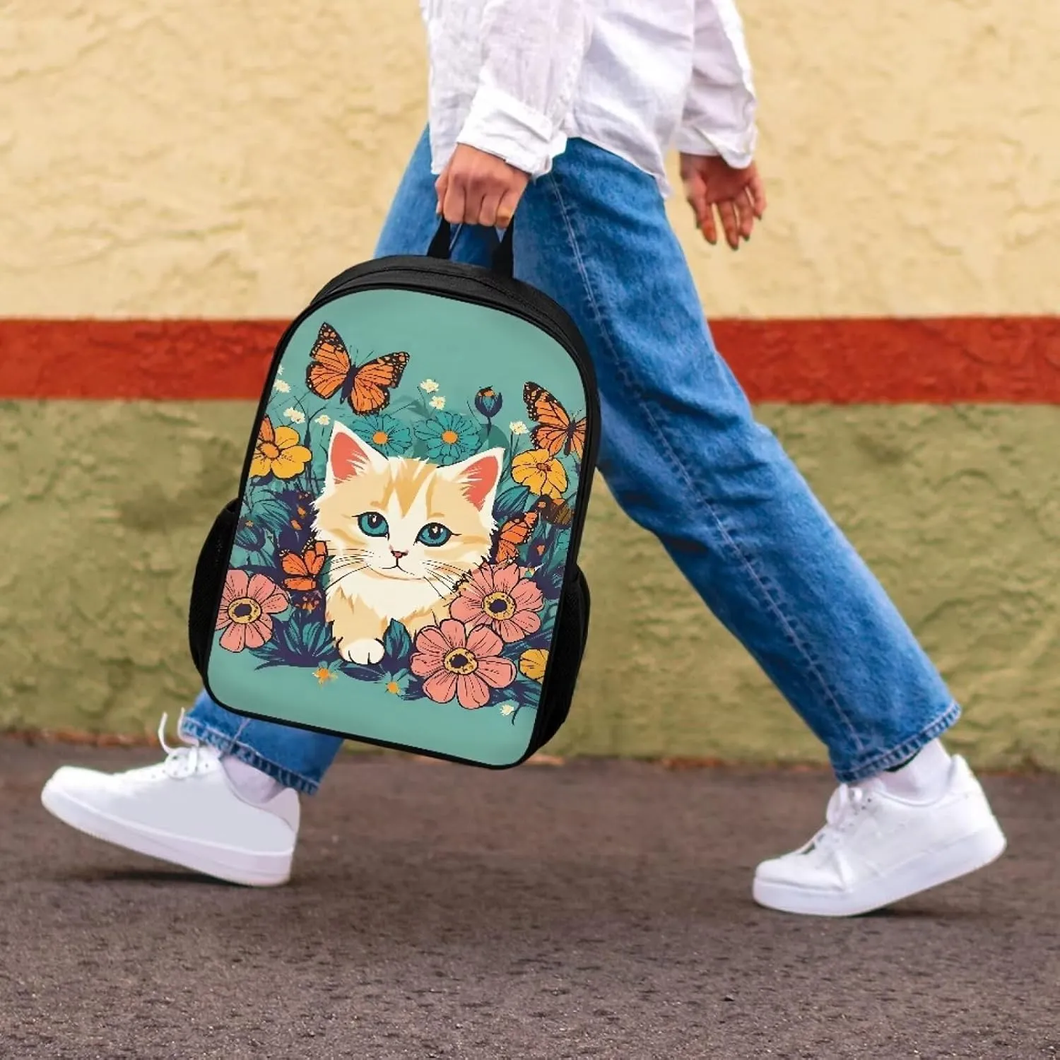 JoyLamoria Casual Satchel Bag Lightweight Portable Shoulder Bag Zipper Pouch Backpack Handbag Tote Bag, Cat Floral Blossoms